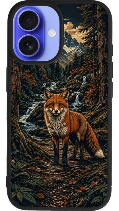 Coque iPhone 16 - Silicone rigide noir Linocut Renard