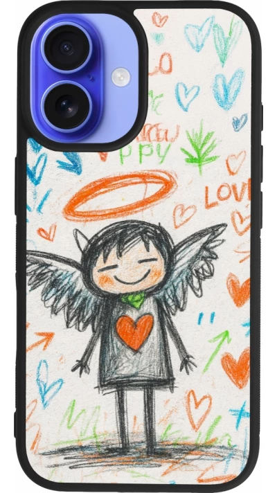 Coque iPhone 16 - Silicone rigide noir Little Angel Sketch Love