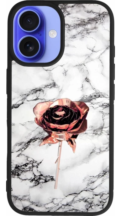 Coque iPhone 16 - Silicone rigide noir Marble Rose Gold