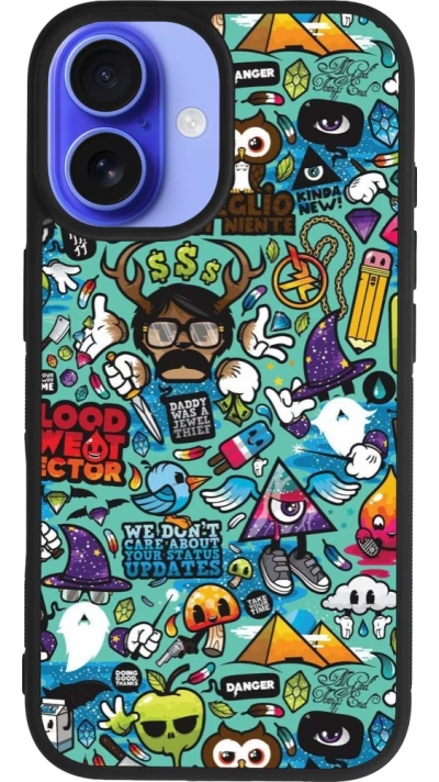 Coque iPhone 16 - Silicone rigide noir Mixed Cartoons Turquoise