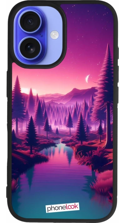 Coque iPhone 16 - Silicone rigide noir Paysage Violet-Rose