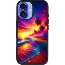 Coque iPhone 16 - Silicone rigide noir Plage coucher soleil flashy