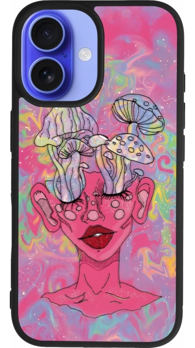 Coque iPhone 16 - Silicone rigide noir Psychedelic pink mushroom