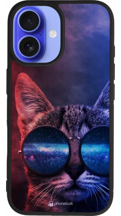 Coque iPhone 16 - Silicone rigide noir Red Blue Cat Glasses