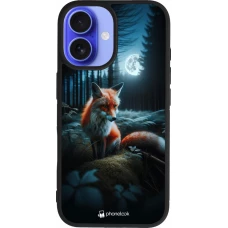 Coque iPhone 16 - Silicone rigide noir Renard lune forêt