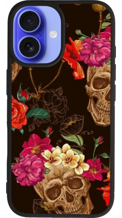 Coque iPhone 16 - Silicone rigide noir Skulls and flowers