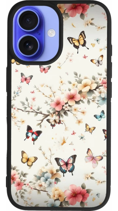 Coque iPhone 16 - Silicone rigide noir Spring 25 Papillons Légers