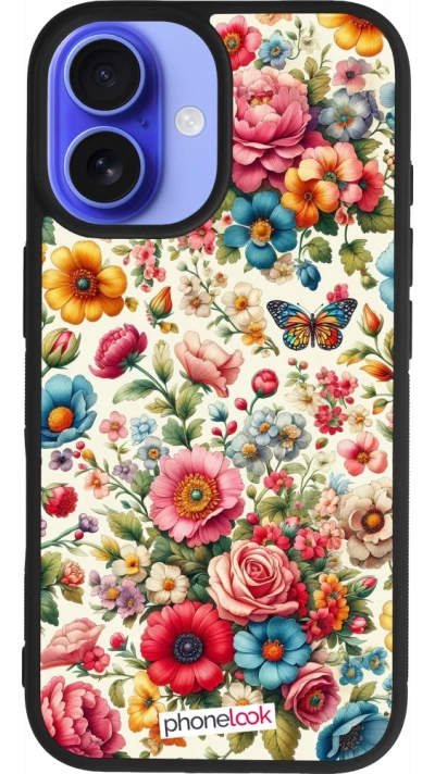 Coque iPhone 16 - Silicone rigide noir Spring 25 printemps fleuri