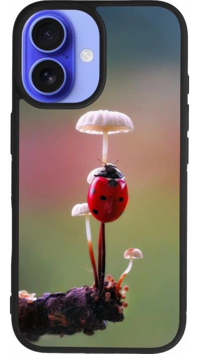 Coque iPhone 16 - Silicone rigide noir Ladybird on a mushroom Spring 2026