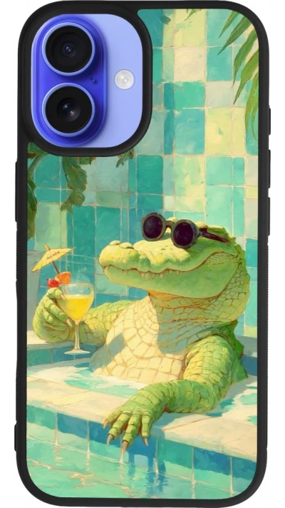 Coque iPhone 16 - Silicone rigide noir Crocodile in the swimming pool Summer 2026