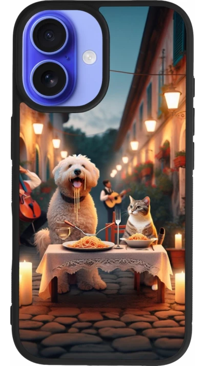 Coque iPhone 16 - Silicone rigide noir Valentine 2024 Dog & Cat Candlelight