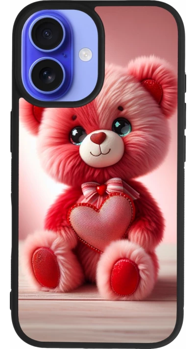 Coque iPhone 16 - Silicone rigide noir Valentine 2024 Ourson rose