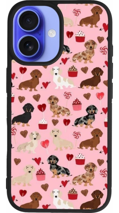 Coque iPhone 16 - Silicone rigide noir Valentine 2024 puppy love