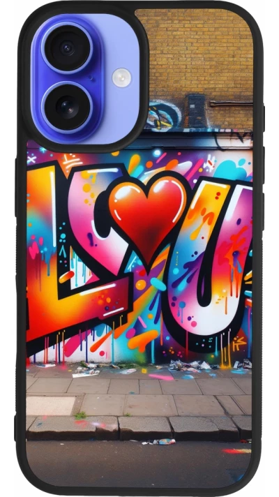 Coque iPhone 16 - Silicone rigide noir Valentine 2025 Love U Tag