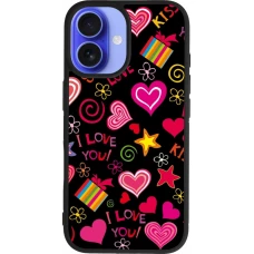 Coque iPhone 16 - Silicone rigide noir Valentine 2023 love symbols