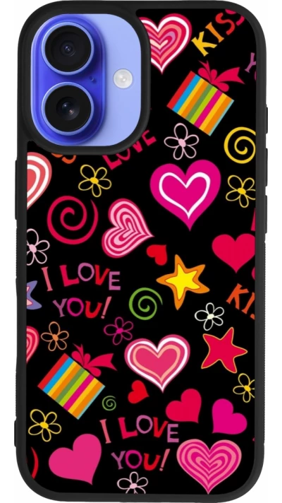 Coque iPhone 16 - Silicone rigide noir Valentine 2023 love symbols