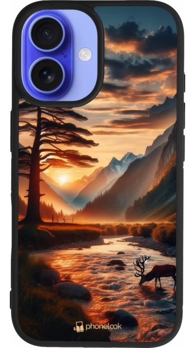 iPhone 16 Case Hülle - Silikon schwarz Tal Sonnenuntergang Hirsch Baum