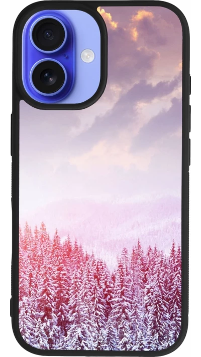 Coque iPhone 16 - Silicone rigide noir Winter 22 Pink Forest