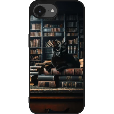 Coque iPhone 17e / 16e - Silicone rigide noir Chat livres sombres