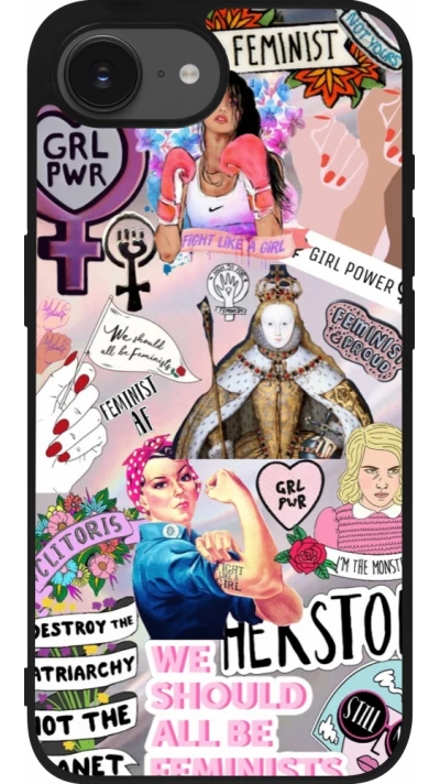Coque iPhone 17e / 16e - Silicone rigide noir Girl Power Collage