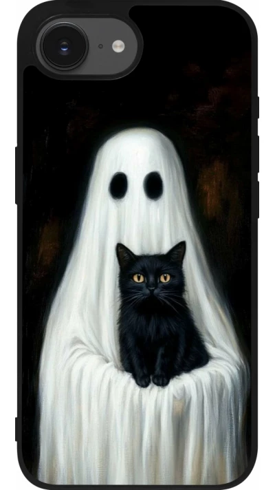 Coque iPhone 17e / 16e - Silicone rigide noir Halloween 2025 Ghost with black cat