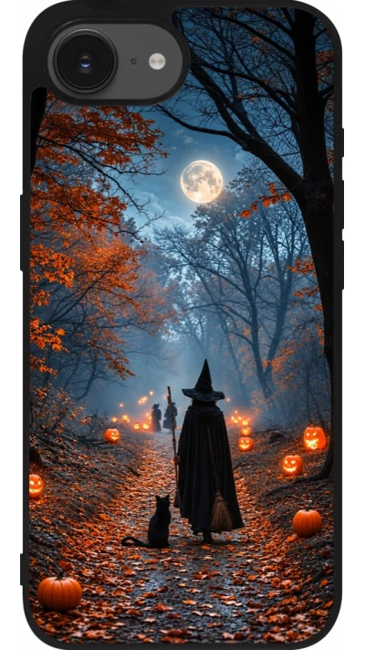 iPhone 17e / 16e Case Hülle - Silikon schwarz Halloween 2026 Witch with a cat