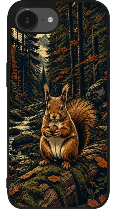 iPhone 17e / 16e Case Hülle - Silikon schwarz Linocut Eichhörnchen