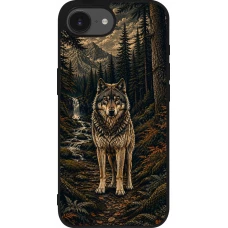 Coque iPhone 17e / 16e - Silicone rigide noir Linocut Loup