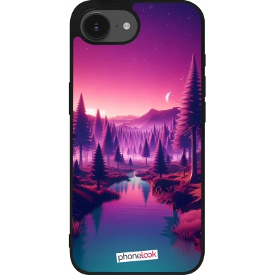 Coque iPhone 17e / 16e - Silicone rigide noir Paysage Violet-Rose