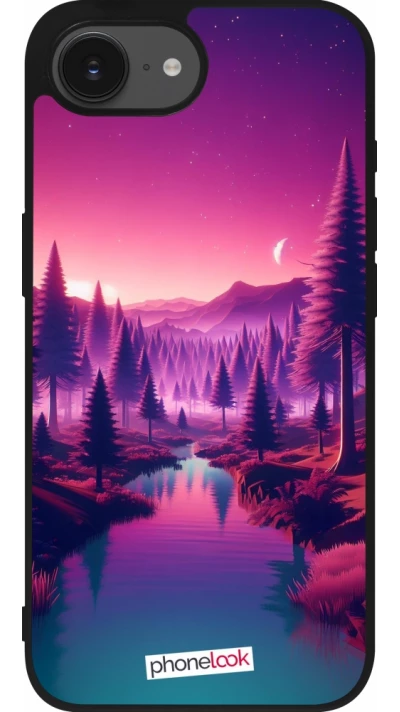 Coque iPhone 17e / 16e - Silicone rigide noir Paysage Violet-Rose