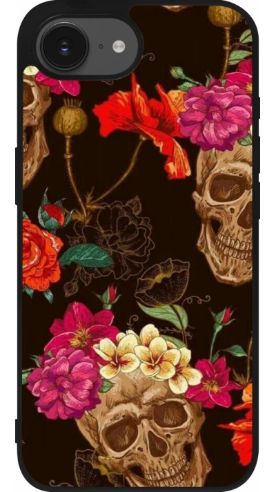 Coque iPhone 17e / 16e - Silicone rigide noir Skulls and flowers