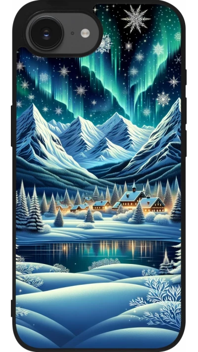 Coque iPhone 17e / 16e - Silicone rigide noir Snowy Mountain Village Lake night