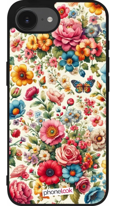 Coque iPhone 17e / 16e - Silicone rigide noir Spring 25 printemps fleuri