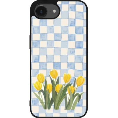 Coque iPhone 17e / 16e - Silicone rigide noir Blue vichy tulips Spring 2026