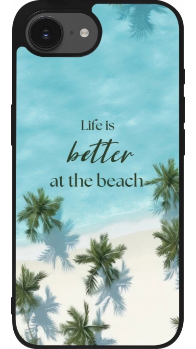 Coque iPhone 17e / 16e - Silicone rigide noir Summer 2025 Life is better at the beach