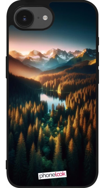 Coque iPhone 17e / 16e - Silicone rigide noir Sunset Forest Lake