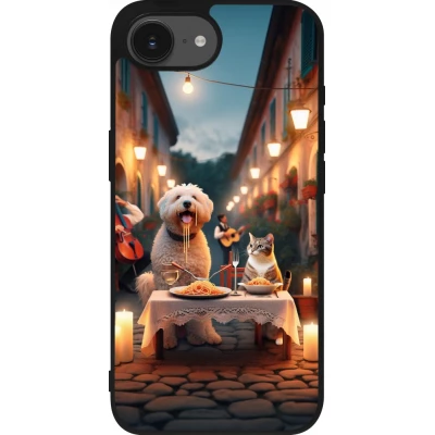 Coque iPhone 17e / 16e - Silicone rigide noir Valentine 2024 Dog & Cat Candlelight