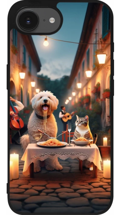 Coque iPhone 17e / 16e - Silicone rigide noir Valentine 2024 Dog & Cat Candlelight