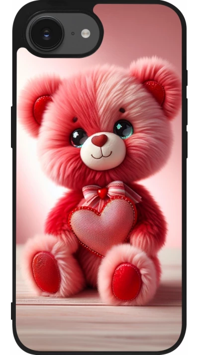 Coque iPhone 17e / 16e - Silicone rigide noir Valentine 2024 Ourson rose