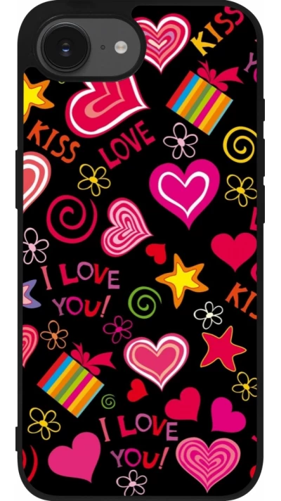 Coque iPhone 17e / 16e - Silicone rigide noir Valentine 2023 love symbols