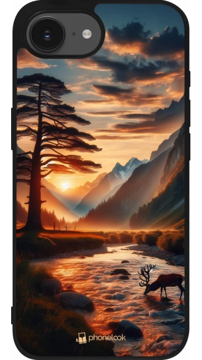 Coque iPhone 17e / 16e - Silicone rigide noir Valley Sunset Deer Tree
