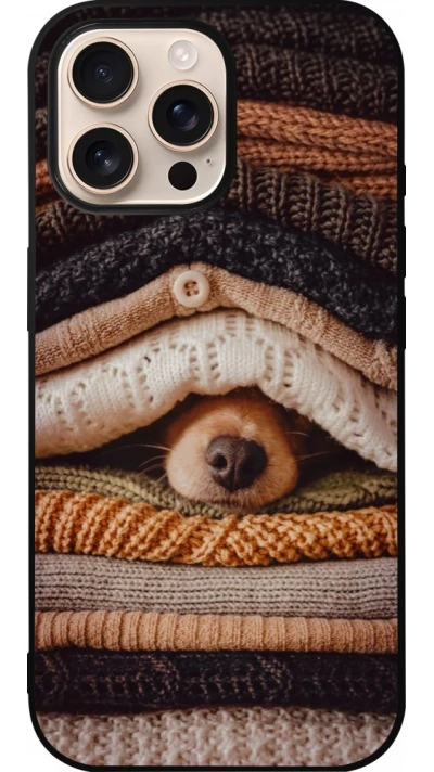 Coque iPhone 16 Pro Max - Silicone rigide noir Autumn 26 Dog under the covers