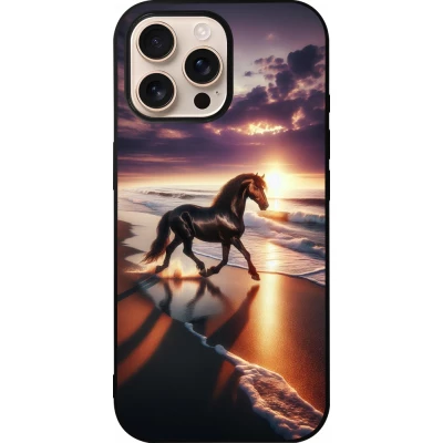 Coque iPhone 16 Pro Max - Silicone rigide noir Cheval majestueux plage