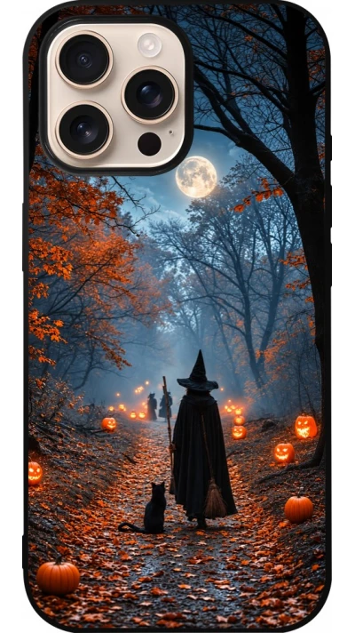 iPhone 16 Pro Max Case Hülle - Silikon schwarz Halloween 2026 Witch with a cat