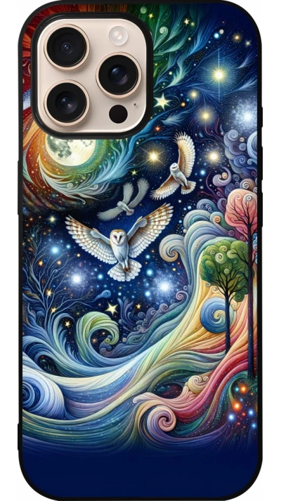 Coque iPhone 16 Pro Max - Silicone rigide noir hibou volant floral
