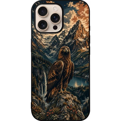 Coque iPhone 16 Pro Max - Silicone rigide noir Linocut Aigle Royal