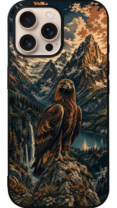 Coque iPhone 16 Pro Max - Silicone rigide noir Linocut Aigle Royal