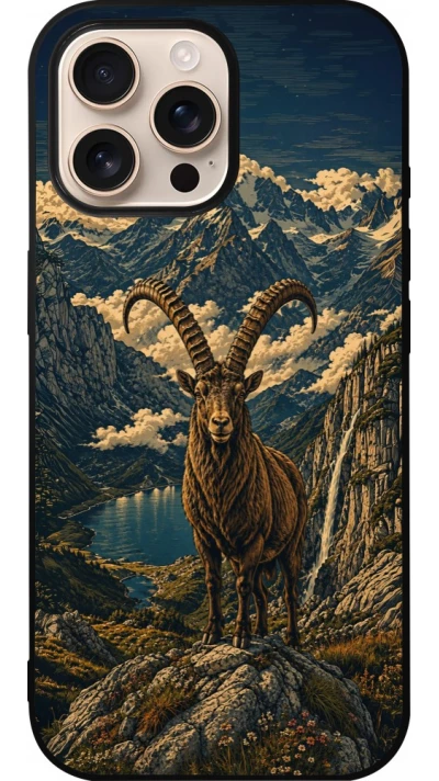 Coque iPhone 16 Pro Max - Silicone rigide noir Linocut Bouquetin