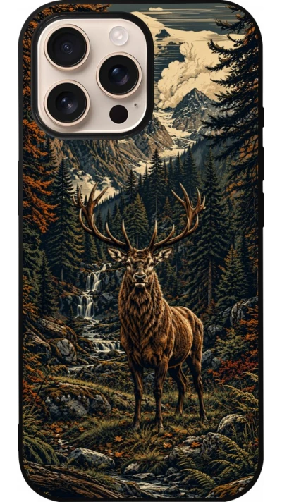 Coque iPhone 16 Pro Max - Silicone rigide noir Linocut Cerf