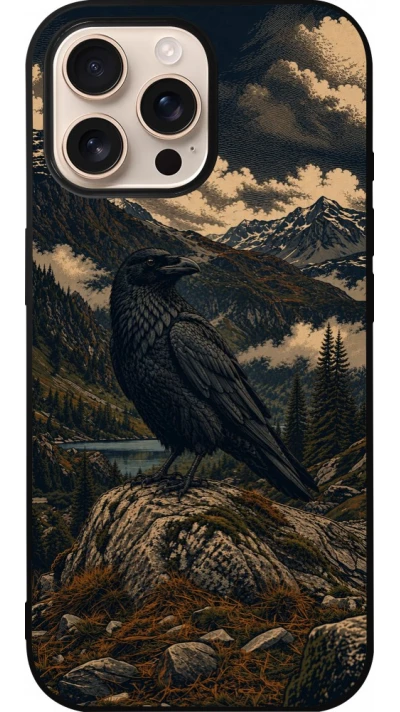 Coque iPhone 16 Pro Max - Silicone rigide noir Linocut Grand Corbeau